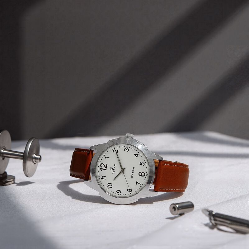 Titan Quartz Analog White Dial Leather Strap Watch for Men