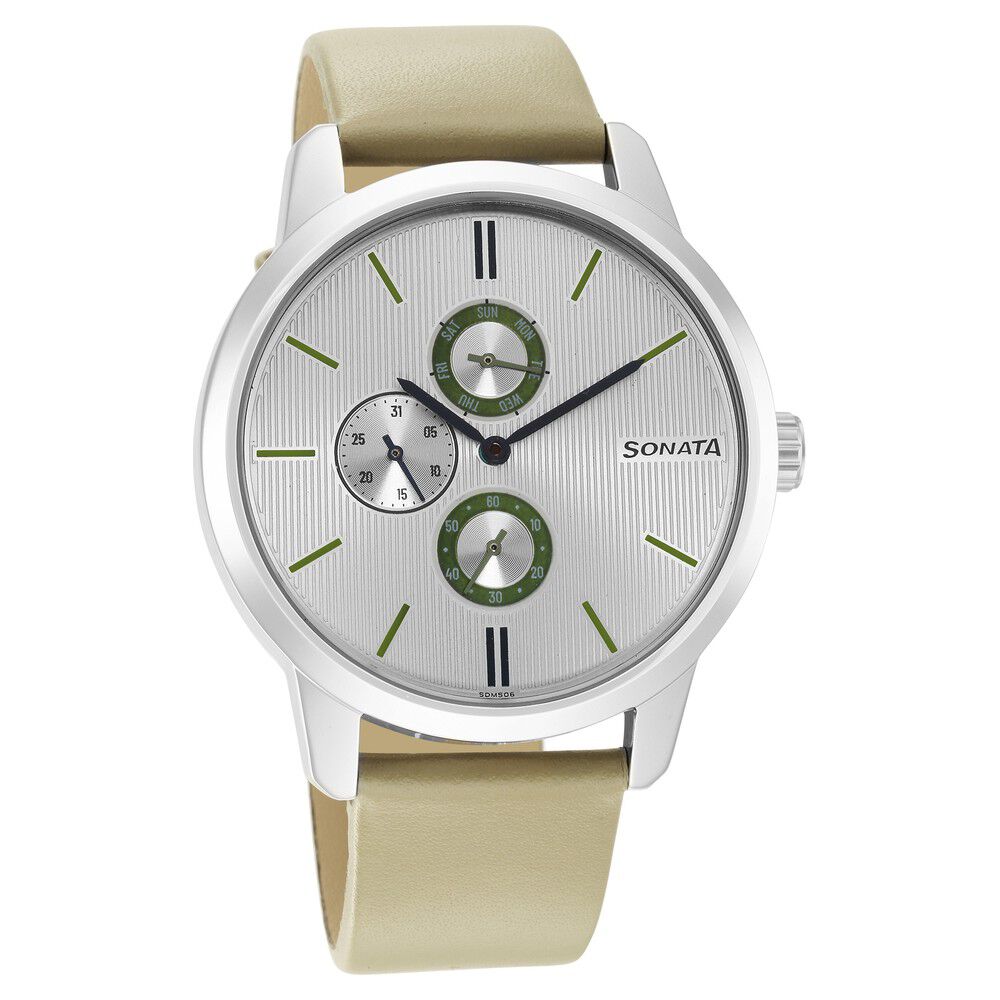 Buy Online Sonata Quartz Multifunction Silver Dial Leather Strap Watch for Men nr7139sl04 Titan