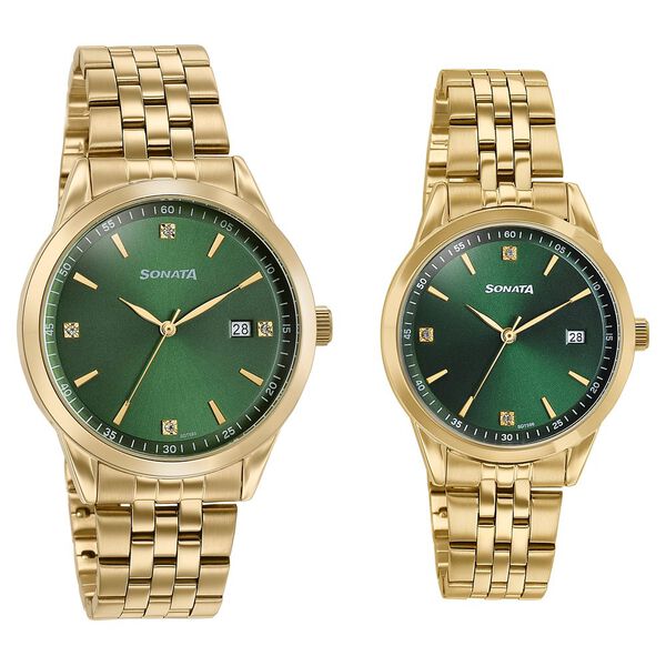 Sonata Jashn Quartz Analog Green Dial Golden Metal Strap Watch For Couple - image number 1