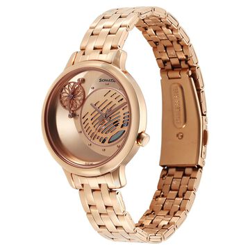 Sonata Unveil Quartz Analog Rose Gold Dial Metal Strap Watch for Women