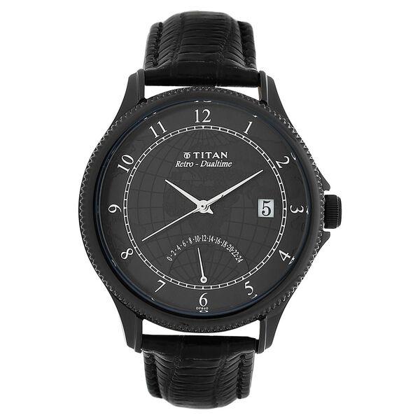 Titan Globe Trotter Black Dial Dual Time Leather Strap watch for Men - image number 0