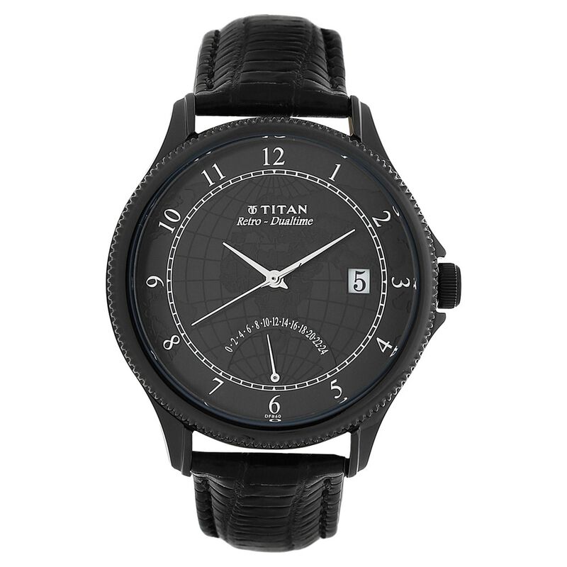 Titan Globe Trotter Black Dial Dual Time Leather Strap watch for Men