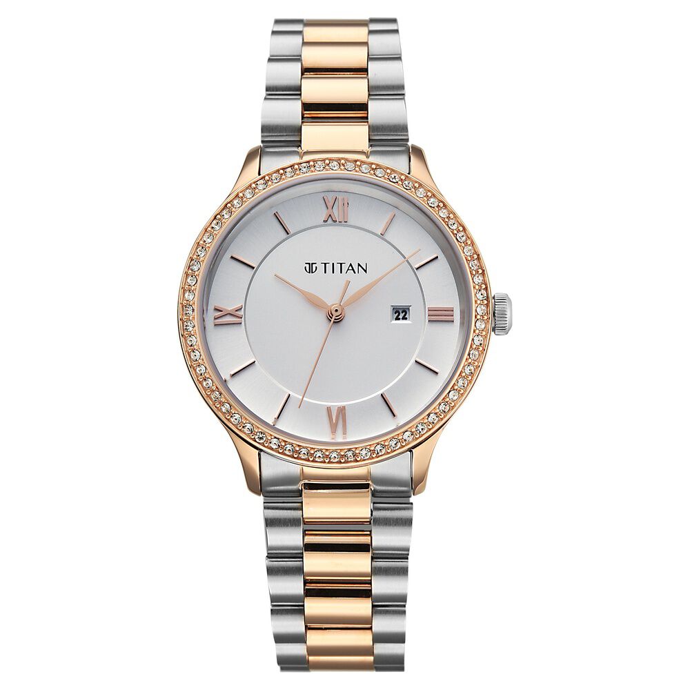 Titan Purple Prestige Quartz Analog with Date White Dial Brown Stainless Steel Strap Watch For Women-image-43