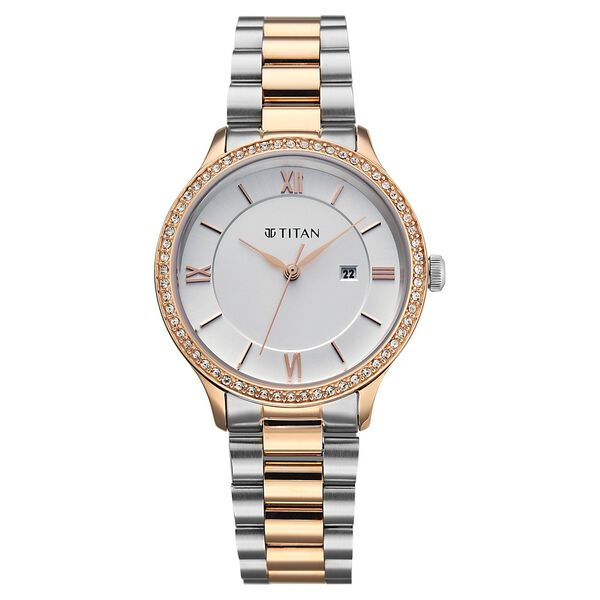 Titan Purple Prestige Quartz Analog with Date White Dial Brown Stainless Steel Strap Watch For Women - image number 0