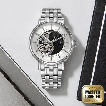 Titan Yin Yang Skeletal Automatic Analog with Black Dial Silver Stainless Steel Strap Watch for Men