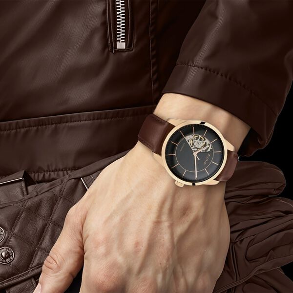 Titan Automatic Sectoral Black Dial Brown Leather Strap Watch for Men - image number 6