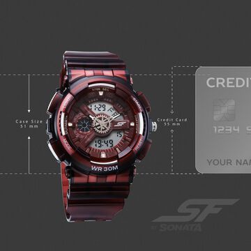 Sonata SF Spectra Quartz Digital Maroon Dial Translucent Maroon Polyether Strap Watch For Men
