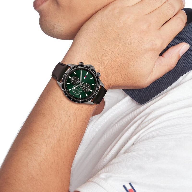 Tommy Hilfiger Quartz Multifunction Green Dial Leather Strap Watch for Men - image number 3