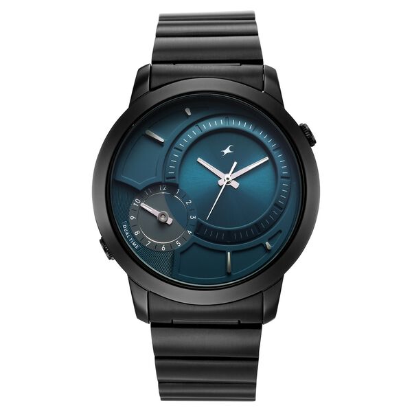 Fastrack Pulse IV Dual Time Watch for Men with Petrol Blue Sunray Dial & Black Metal Strap - image number 0