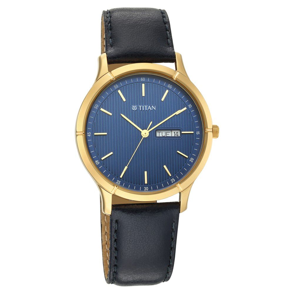 Buy Online Titan Lagan Blue Dial Analog with Day and Date Leather Strap Watch for Men ns1775yl02 Titan