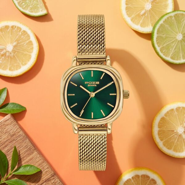 Poze By Sonata Quartz Analog Green Dial Golden Metal Strap Watch For Women - image number 0
