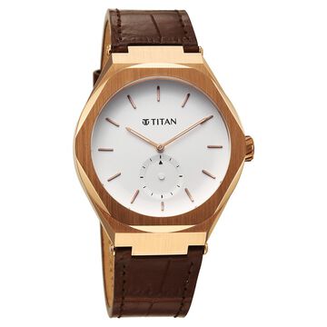 Titan Contour Analog with Small Second and White Dial Brown Leather Strap Watch for Men
