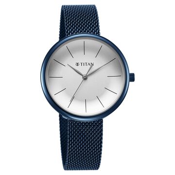 Titan Slimline Quartz Analog White Dial Blue Stainless Steel Strap Watch for Women