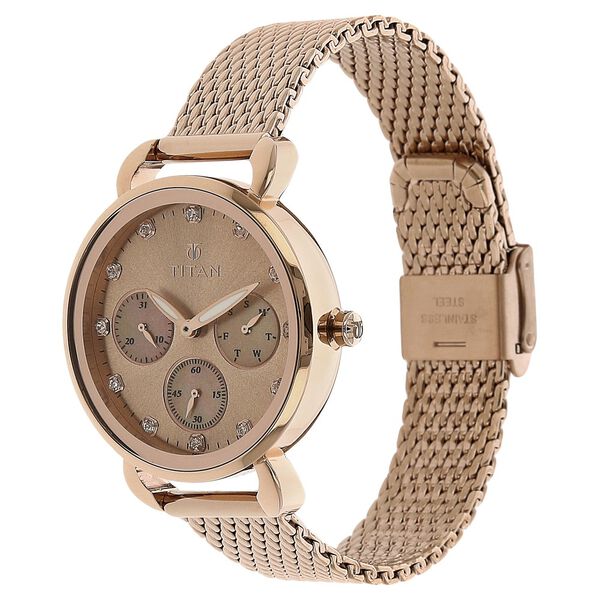 Titan Quartz Multifunction Rose Gold Dial Stainless Steel Strap Watch for Women - image number 1