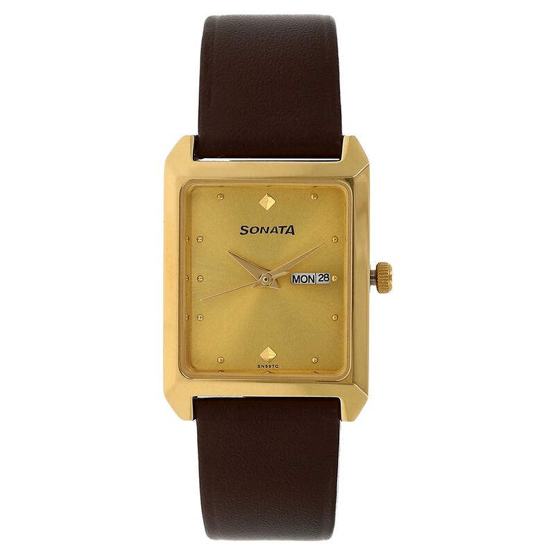 Sonata Quartz Analog with Day and Date Champagne Dial Leather Strap Watch for Men