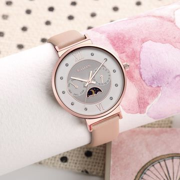 Titan Slimline Silver Dial Quartz Multifunction Leather Strap watch for Women