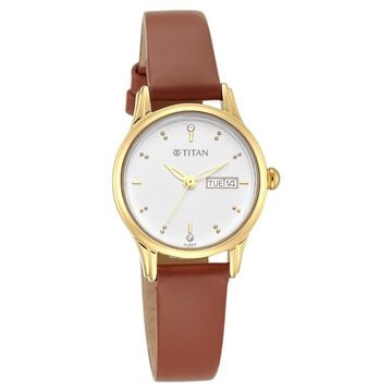 Titan Lagan White Dial Analog with Day and Date Leather Strap Watch for Women