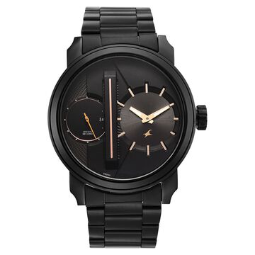 Fastrack Pulse IV Dual Time Analog Watch with Black Dial & Black Stainless Steel Strap For Guys