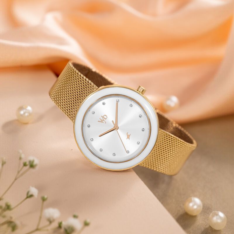 Vyb Lumina By Fastrack Quartz Analog Silver Dial Rose Gold Stainless Steel Strap Watch For Girls