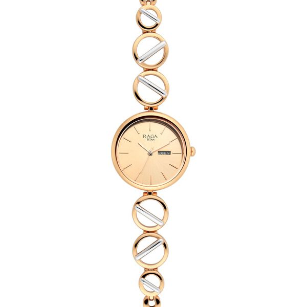 Titan Raga Viva Quartz Analog with Day and Date Rose Gold Dial Two Toned Metal Strap Watch For Women - image number 2