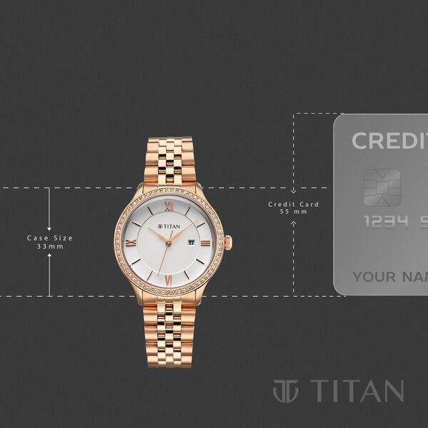 Titan Purple Prestige Quartz Analog with Date White Dial Rose Gold Stainless Steel Strap Watch For Women - image number 3
