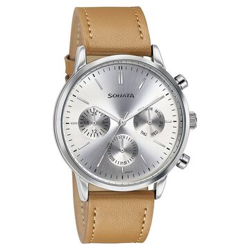 Sonata Quartz Multifunction Silver Dial Brown Leather Strap Watch For Men