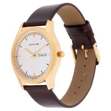 Sonata Quartz Analog with Day and Date White Dial Leather Strap Watch for Men