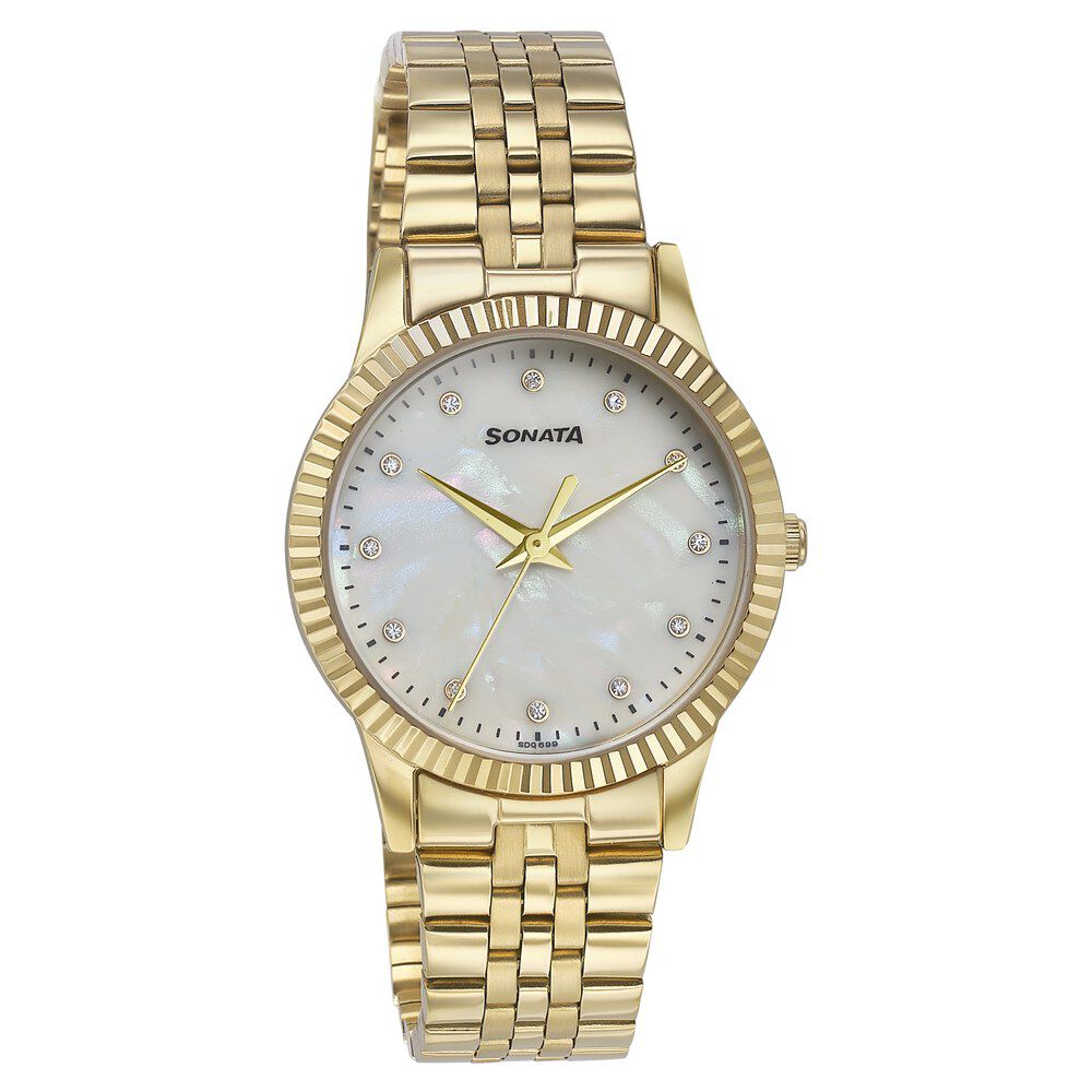 Buy Online Sonata Glam Gold Quartz Analog Off White Dial Stainless Steel Strap Watch For Women 87062ym02w Titan