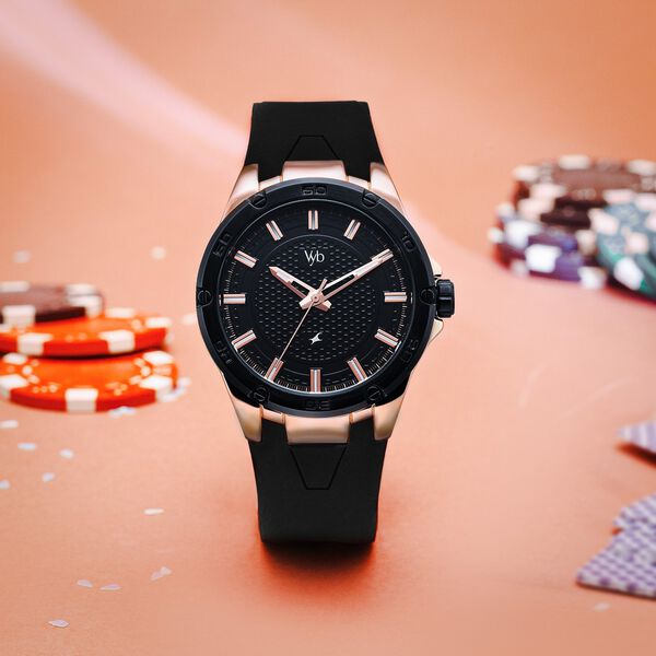 Vyb Challenger By Fastrack Quartz Analog Black Dial Silicone Strap Watch For Guys - image number 0