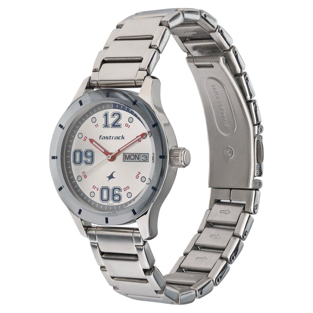 Buy Online Fastrack Quartz Analog with Day and Date Silver Dial Stainless Steel Strap Watch for Girls 6078sm10 Titan