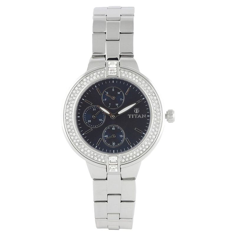 Titan Quartz Analog with Day and Date Blue Dial Stainless Steel Strap Watch for Women