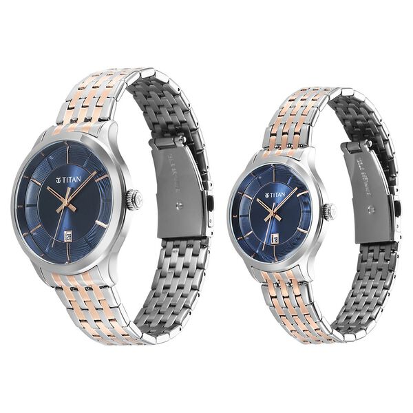 Titan Modern Bandhan Pair Analog with Blue Dial Dual-Tone Rose Gold Stainless Steel Strap Watch for Couples - image number 2