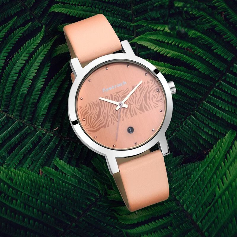Fastrack Animal Print Quartz Analog with Date Rose Gold Dial Leather Strap Watch for Girls