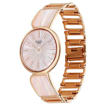 Titan Raga Power Pearls Quartz Analog Mother of Pearl Dial Rose Gold Metal Strap Watch For Women