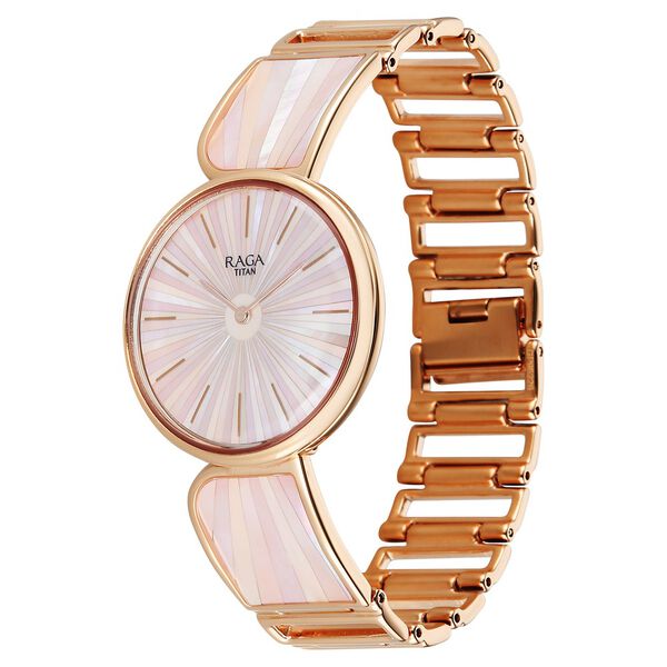 Titan Raga Power Pearls Quartz Analog Mother of Pearl Dial Rose Gold Metal Strap Watch For Women - image number 2