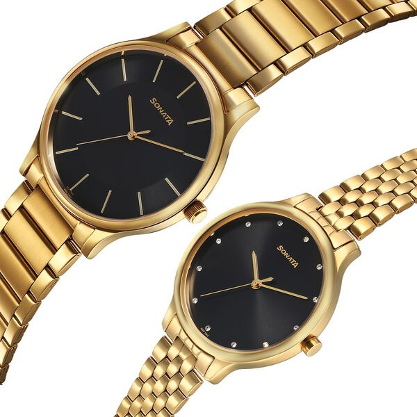 Sonata Pair Quartz Analog Black Dial Stainless Steel Strap Watch for Couple - image number 2