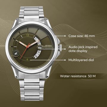 Fastrack Groove Quartz Analog with Date Green Dial Silver Stainless Steel Strap Watch For Guys