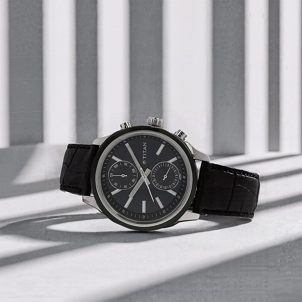 Titan Quartz Multifunction Black Dial Leather Strap Watch for Men-image-16