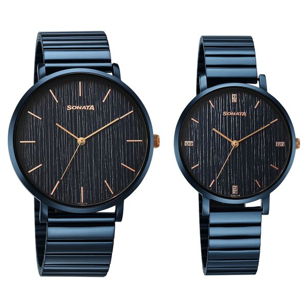 Sonata Soulmate Quartz Analog Blue Dial Blue Stainless Steel Strap Watch For Couple - image number 1