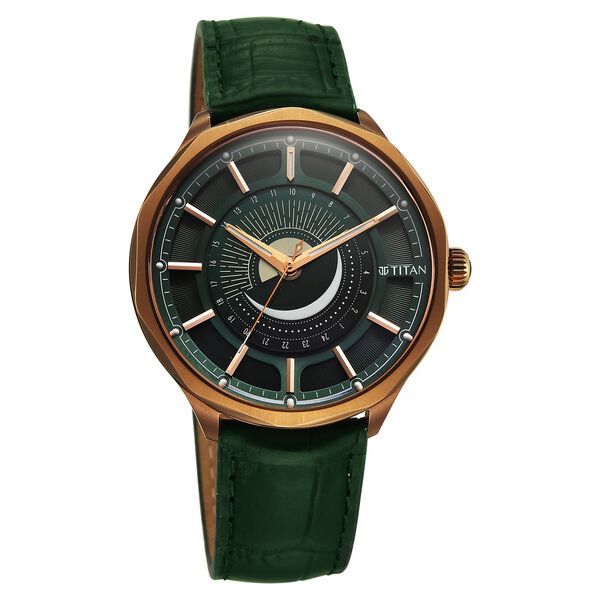 Titan Stellar Analog with Sun Moon Phase and Green Dial Green Leather Strap Watch for Men - image number 2