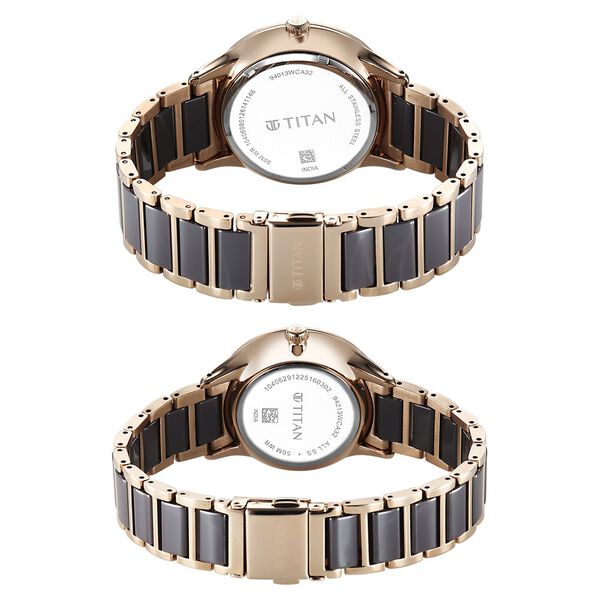Titan Modern Bandhan Pair Analog with Grey Dial Ceramic and Carnation Gold Stainless Steel Strap Watch for Couples - image number 4