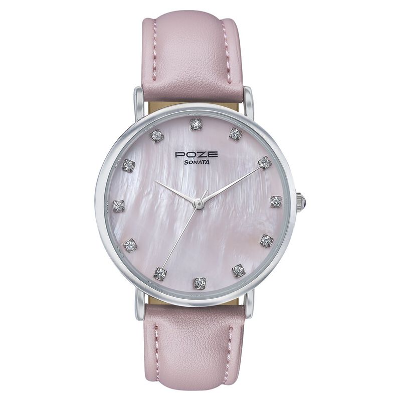 Sonata Poze Quartz Analog Pink Mother Of Pearl Dial Pink Color Leather Strap Watch For Women