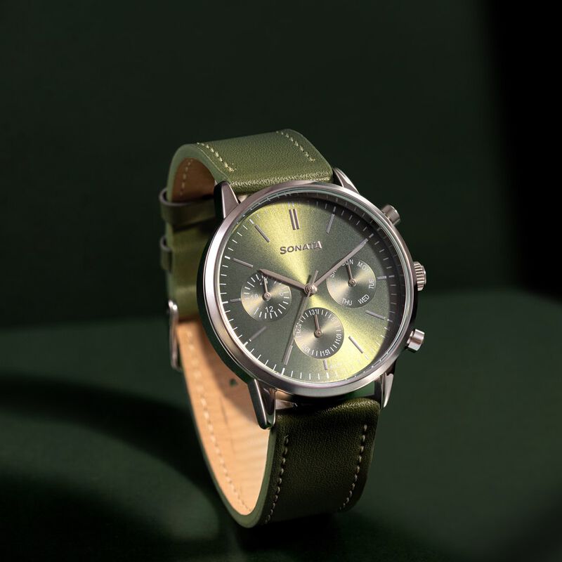 Sonata Quartz Multifunction Green Dial Green Leather Strap Watch For Men