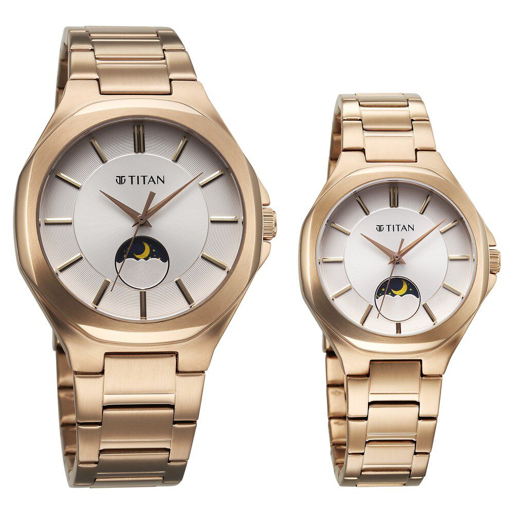 Buy Online Titan Bandhan Quartz Analog With Sun Moon Silver Dial Rose Gold Stainless Steel Strap Watch For Couple 9400994209wm01 Titan