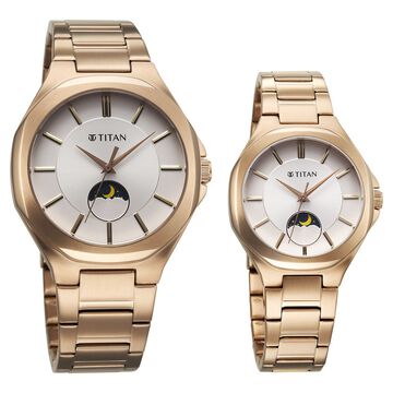 Titan Bandhan Quartz Analog With Sun - Moon Silver Dial Rose Gold Stainless Steel Strap Watch For Couple