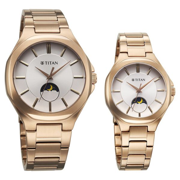 Titan Bandhan Quartz Analog With Sun - Moon Silver Dial Rose Gold Stainless Steel Strap Watch For Couple - image number 1