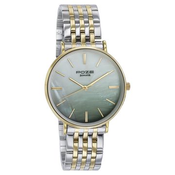 Sonata Poze Quartz Analog Green Mother Of Pearl Dial Two Toned Color Stainless Steel Strap Watch For Women