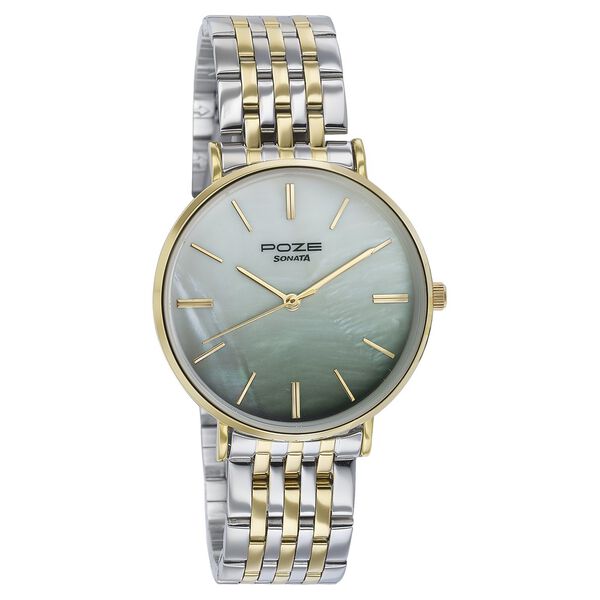 Sonata Poze Quartz Analog Green Mother Of Pearl Dial Two Toned Color Stainless Steel Strap Watch For Women - image number 2