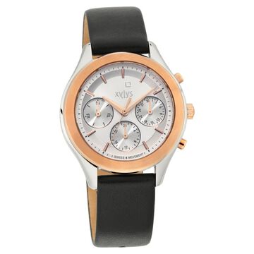 Xylys Swiss Multifunction Black Leather Strap Silver Dial Watch For Women