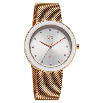 Vyb Lumina By Fastrack Quartz Analog Silver Dial Rose Gold Stainless Steel Strap Watch For Girls
